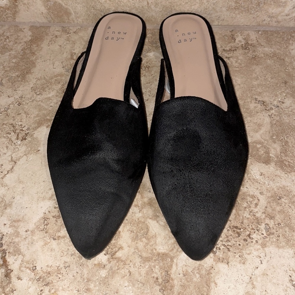 Black suede slides 7.5 a new day brand new no tags